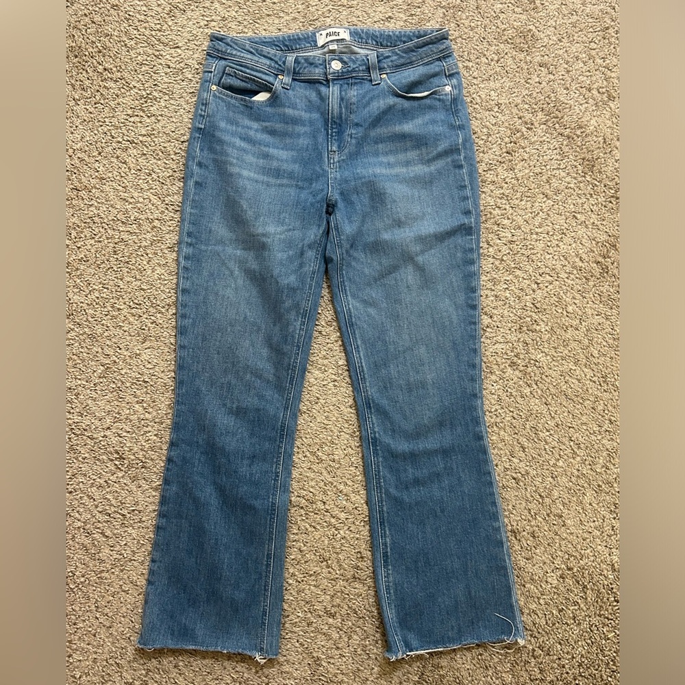 PAIGE Colette High Waist Crop Flare Jean Cotton Raw Hem Size 29 Shoreside Womens